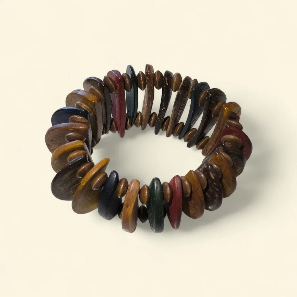 Vintage Coconut Shell Chunky Stretch Bracelet Boho Natural Wood Jewelry - Picture 5 of 5